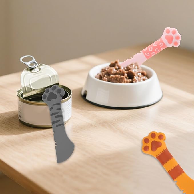 Tinoaly 3 Pcs Dog Cat Food Spoon, Adorable Paw Spoon for Wet Food Silicone Can Opener Multifunctional Pet Spatula Scoop Mixing Spoons for Cat Dog Supplies (Orange, Pink & Dark Grey)