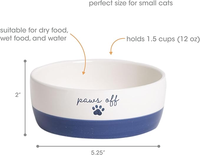Pearhead Ceramic Cat Bowl – Navy Blue “Paws Off” Design, Holds 12 oz, Stoneware Pet Dish, Non-Skid Feeding Bowl