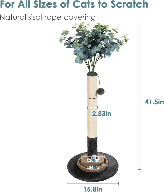 Cat Scratching Post, 35 Inch Tall Cat Scratcher Cat Tree Tower with Hanging Ball for Indoor Cats Adults,Eucalyptus Sisal Rope Kitten Scratch with Interactive Mouse Cat Toy