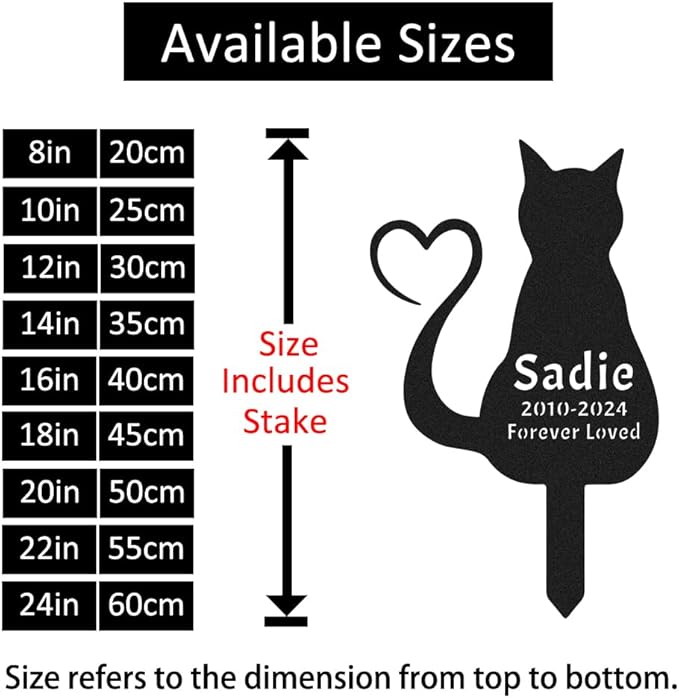 Personalized Cat Memorial Garden Stake with Heart, Custom Cat Memorial Grave Marker Pet Loss Sympathy Gift, Customized Outdoor Memorial Engraved Sign for Cat Cemetery Plaque Burial Marker