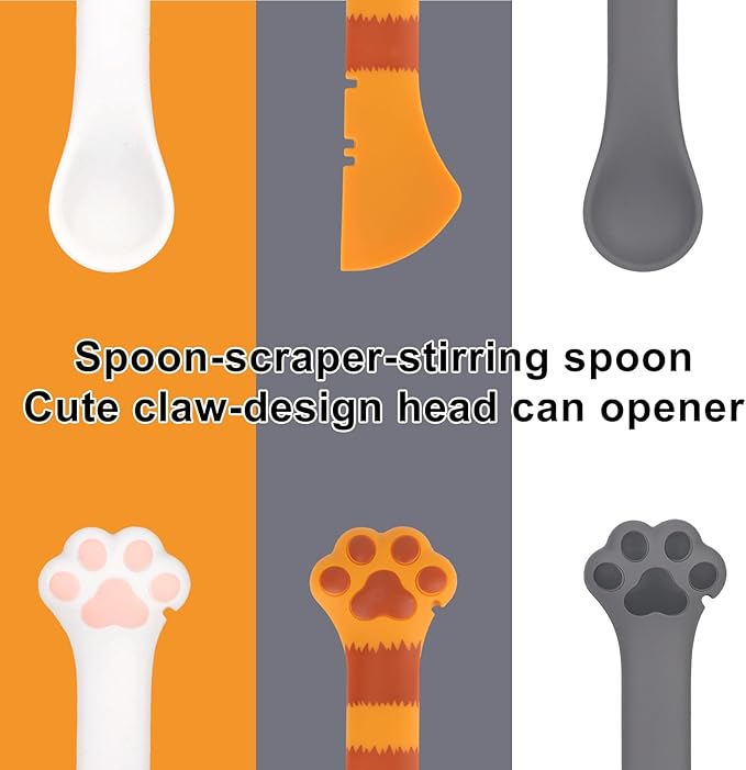 TOYMIS 3 Pcs Dog Cat Food Spoon, Adorable Paw Scoop for Wet Dry Food Silicone Can Opener Multifunctional Pet Spatula & Mixing Tool for Cat Dog Supplies (White, Orange, Dark Grey)