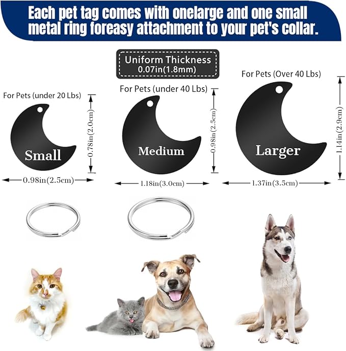 Personalized Dog Tags and Cat Tags, Stainless Steel Pet ID Tags, Collar Charm Engraved on Both Sides, up to 4 Lines of Custom Text, Various Patterns and Colors Options (Moon)
