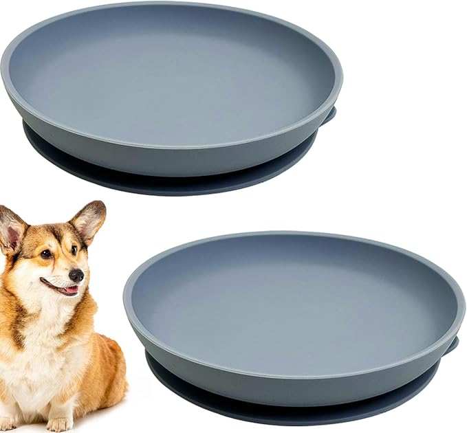 Silicone Dog Bowl Set of 2-7.7in No Spill Puppy Food and Water Dish Less Mess Cat Plates with Suction Cup Non-Tippable Feeding Bowls for Small & Medium-Sized Pets (Round Blue)