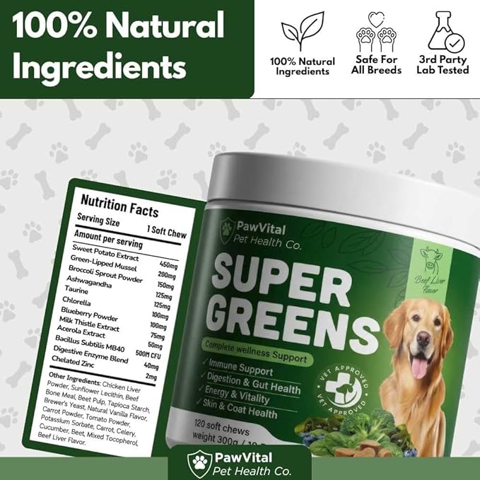 Super Greens Multivitamin Chews for Dogs – Dog Greens & Daily Dog Multivitamin with Spirulina, Chlorella, Probiotics & Enzymes for Immune, Gut, Skin & Energy Support – Beef Liver – 150 Chews