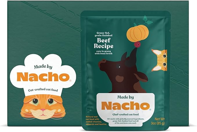 Made by Nacho Wet Cat Food, Cuts in Gravy, Limited Ingredients, Grass-Fed Grain Finished Beef Recipe with Bone Broth for Extra Hydration, (12) 3 oz. Pouches