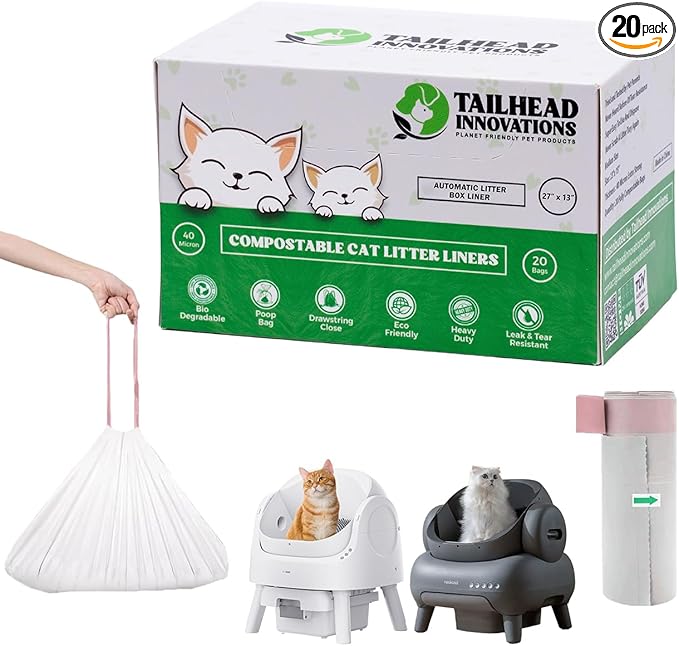 Automatic Robot Liners – 100% Compostable - Compatible with Neakasa M1 and PetPivot AutoScooper 11 Open-Top Self-Cleaning Litter Box - 27" L x 13" W – Drawstring Close – 40 Micron