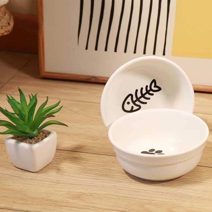 COMESOON 5" Ceramic Cat Bowl with Fish Bone Pattern, Cat Food Bowl for Food and Water, Healthy Cat Dishes for Indoor Cats and Small Dog, Dishwasher Safe & Microwaveable - White