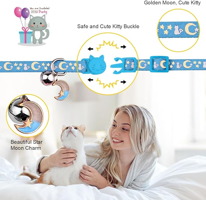 Baeuppit 2PCS Breakaway Cat Collars with Bell Cute Kitty Glow in The Dark Adjustable Kitten Collars with Pendant(Black&Sky Blue)