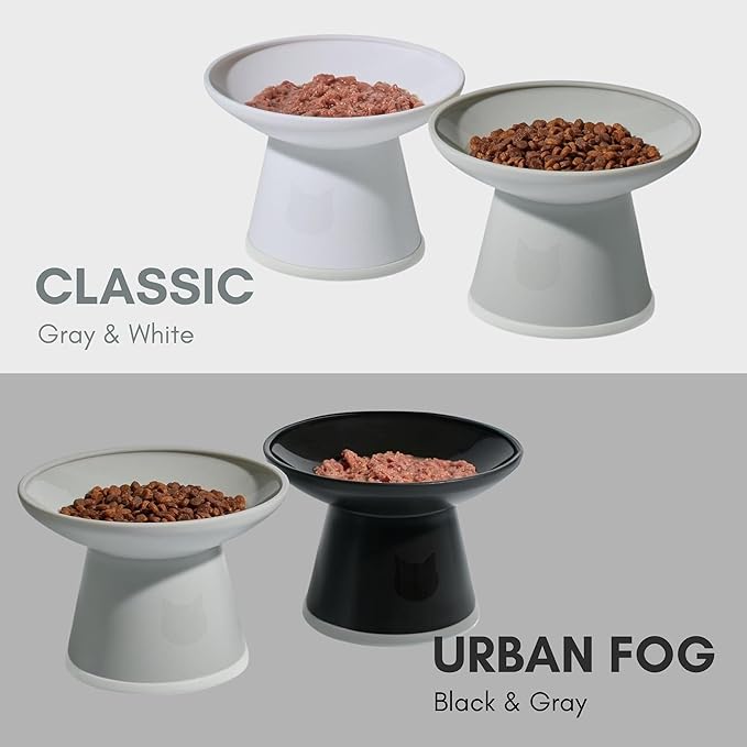 Necoichi 2pcs Extra Wide Elevated Cat Food Bowls – BPA-Free Plastic Raised Bowls to Reduce Whisker & Neck Fatigue – Dishwasher & Microwave Safe – Non-Slip, Anti-Vomiting Ergonomic Design (Urban Fog)
