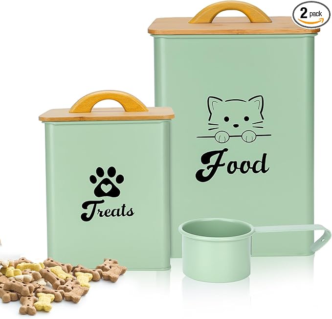 Cat Food Storage Container with Scoop, 2PCS Cat Food Storage Container with Lids Airtight, Cat Treat Jars for Kitchen Counter-7+3Lbs, Cat Cookie Jar for Storage,Saga Green