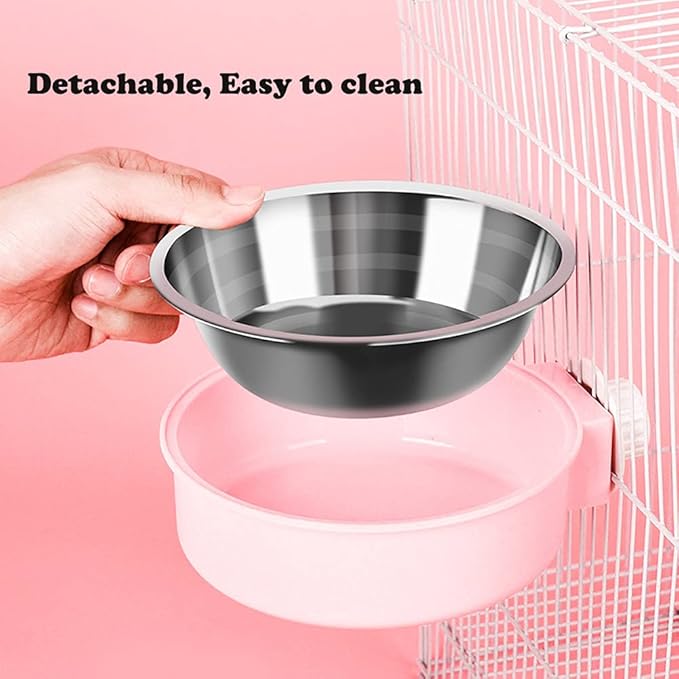 Love Dream Crate Dog Cat Bowls, Removable Stainless Steel Hanging Pet Cage Bowls for Kennel, Water Food Feeder Cage Coop Cup for Cats, Dogs, Rabbits and Small Animals (Large, Pink)