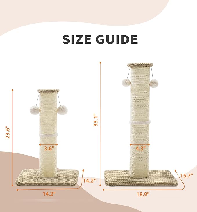 Made4Pets Tall Cat Scratching Post, 23.6" Natural Sisal Cat Scratcher with Hanging Balls, Heavy Duty and Thicker Scratching Post for Indoor Cats Adults, Sturdy Base Cat Scratch Post, Beige