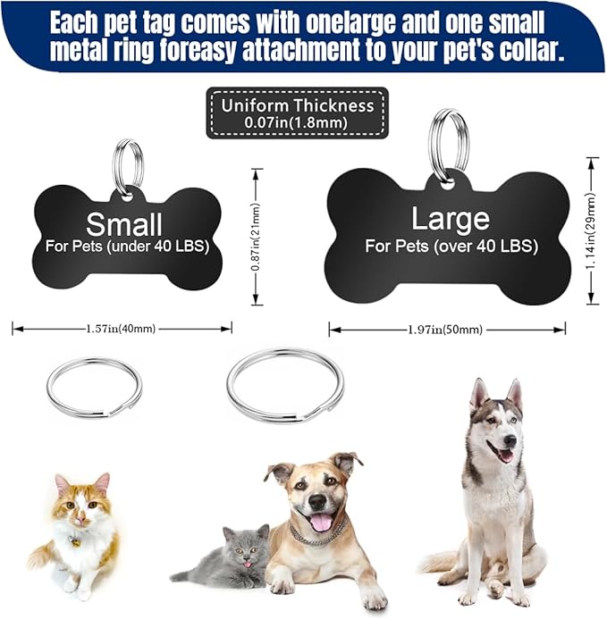 Personalized Dog Tags and Cat Tags, Stainless Steel Pet ID Tags, Collar Charm Engraved on Both Sides, up to 4 Lines of Custom Text, Various Patterns and Colors Options (Bone)