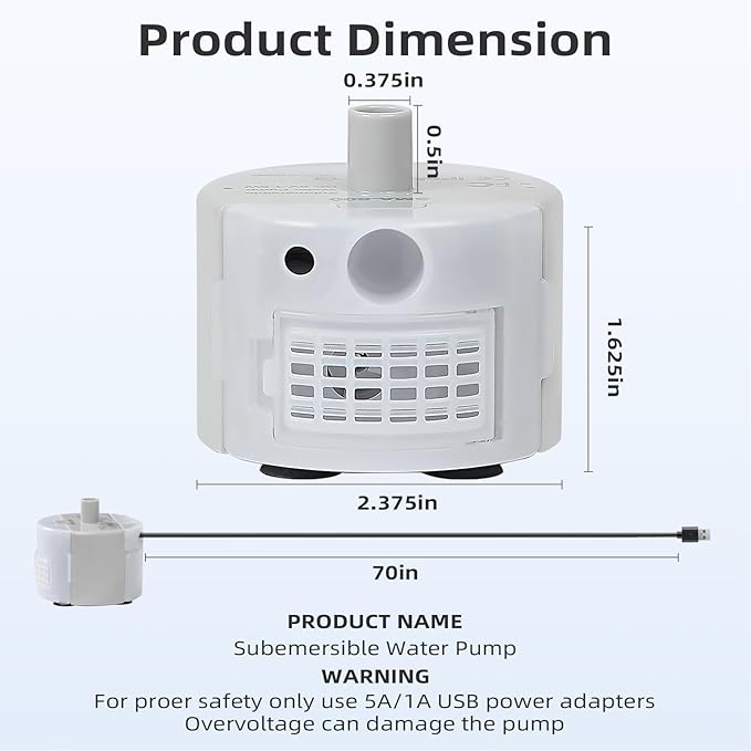 Ultra-Quiet Replacement Pump for Stainless Steel Cat Water Fountains - SMA-800 Motor - Safe and Easy to Clean with Low Voltage DC 5V and USB Cable (Pump) (Side Pump+Brush)