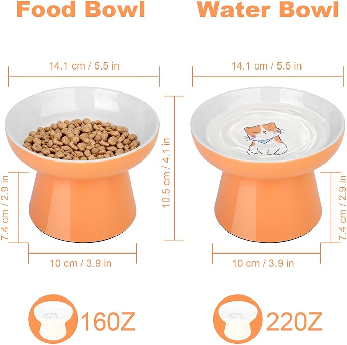 Ceramic Raised Cat Bowl, Elevated Cat Food Bowl with Non-Slip Base,Whisker Friendly Shallow Feeder for Dry & Wet Food, Dishwasher Safe, Anti Vomiting (Orange)