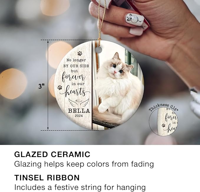 Memorial Ornament - Customized Memorial Pet Photo Ornaments - Angel Kitten Keepsake - Pet Pawprints, Forever Missed - Pet Lovers Grief Gift - Custom Memorial Gift for Loss of Cats, Kittens