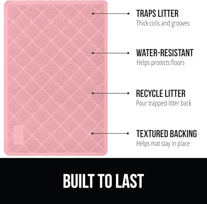 GORILLA GRIP Cat Litter Box Mat, 35x23, Water Resistant, US Designed Kitty Litter Trapping Mats, Easy to Clean, Scatter Control, Less Mess and Clean Floors, Kitten Supplies for Indoor Cats, Light Pink