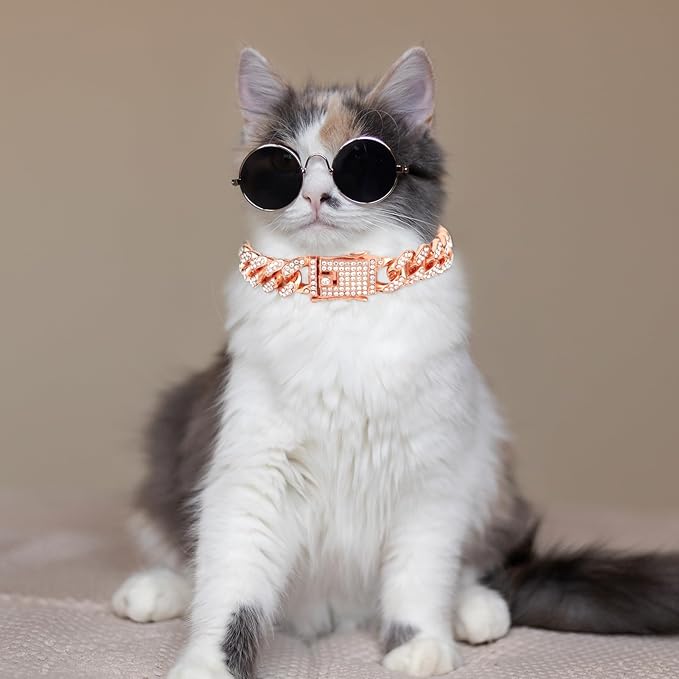 Amabro Diamond Cat Chain Collar, Metal Cuban Link Dog Collar with Secure Buckle Cat Pet Necklace Chain Pet Collar Jewelry Accessories for Small Medium Dogs Cats Puppy Kittens (Rose Gold, 10 inch)