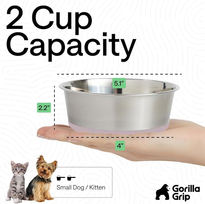 GORILLA GRIP Dog Bowls, Food Grade 304 Stainless Steel, Holds 2 Cups Each (16 fl oz) Food and Water Bowl for Feeding Dogs and Cats, Dishwasher Safe, Rust Resistant, BPA Free Rubber Base Set of 2 Pink