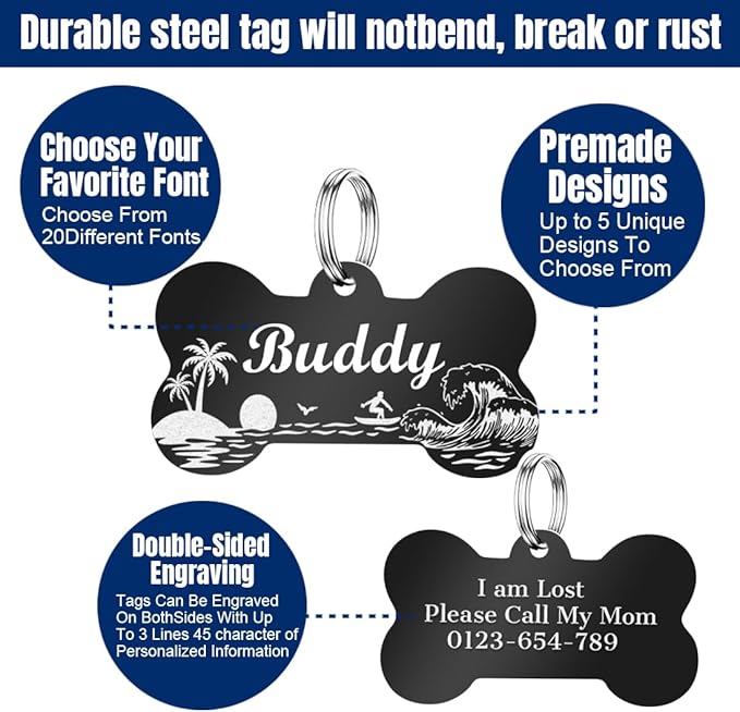 Personalized Dog Tags and Cat Tags, Stainless Steel Pet ID Tags, Collar Charm Engraved on Both Sides, up to 4 Lines of Custom Text, Various Patterns and Colors Options (Bone)