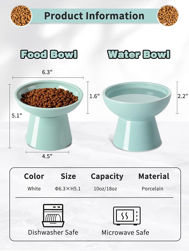 LoeJan Elevated Cat Food and Water Bowls Set, Extra Wide and Raised Ceramic Feeder, Anti-Vomit Whisker-Free Pressure Feeding Bowl for Kittens Adult Small Dogs (Blue, Food Bowl)