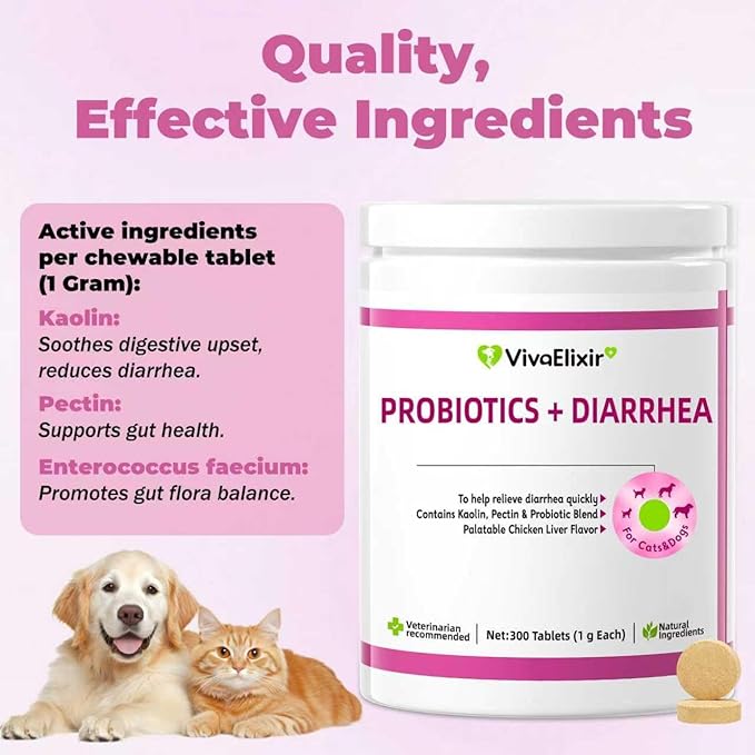 Probiotics for Dogs - Diarrhea Relief for Dogs and Cats - Supports Relief of Diarrhea and Loose Stools - Supports Digestive Balance and Gut Health - with Kaolin Clay and Probiotics - 300 Tablets