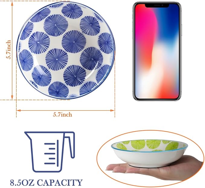 HAPPY KIT 2pcs Little Cat Bowls,5.7 inch Food Bowl for Indoor Cats，Ceramic Wide Shallow Bowl for Relief Whisker Friendly,8.5oz Cats Dish/Dishes with Non-Slip Mat, 2 Stamen