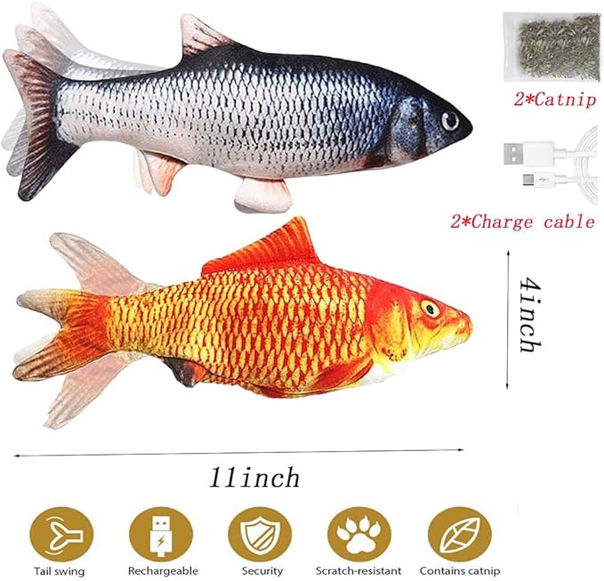 2 Pack Electric Moving Fish Cat Toy - Realistic Plush Simulation Dancing Wagging Catnip Kicker for Indoor Cats - Interactive Chew Kitten Toy