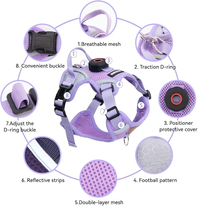 Cat Harness and Leash Set with AirTag Holder: Upgraded Escape Proof Vest with Lead for Small Dog Puppy Large Cat Walking，Soft Breathable Mesh Coat with Reflective Strip (Purple, L)