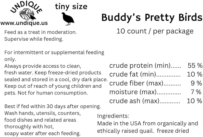 Undique Whole Quail for Carnivore Pets - Premium Quality Natural Pet Treats - Natural Prey Feeding - Freeze-Dried for Essential Nutrients and Enzymes - Quality Protein Source Tiny Size 10 Count