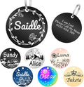 Personalized Dog Tags and Cat Tags, Stainless Steel Pet ID Tags, Collar Charm Engraved on Both Sides, up to 4 Lines of Custom Text, Various Patterns and Colors Options (Circular)