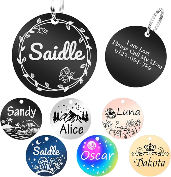 Personalized Dog Tags and Cat Tags, Stainless Steel Pet ID Tags, Collar Charm Engraved on Both Sides, up to 4 Lines of Custom Text, Various Patterns and Colors Options (Circular)