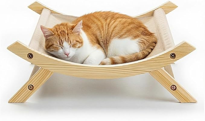 CallieCo Wooden Cat Hammock Bed, Modern Elevated Pet Lounger with Premium Wooden Frame & Breathable Fabric, Stylish Indoor & Outdoor Cat Bed for Cats & Small Dogs - Ivory