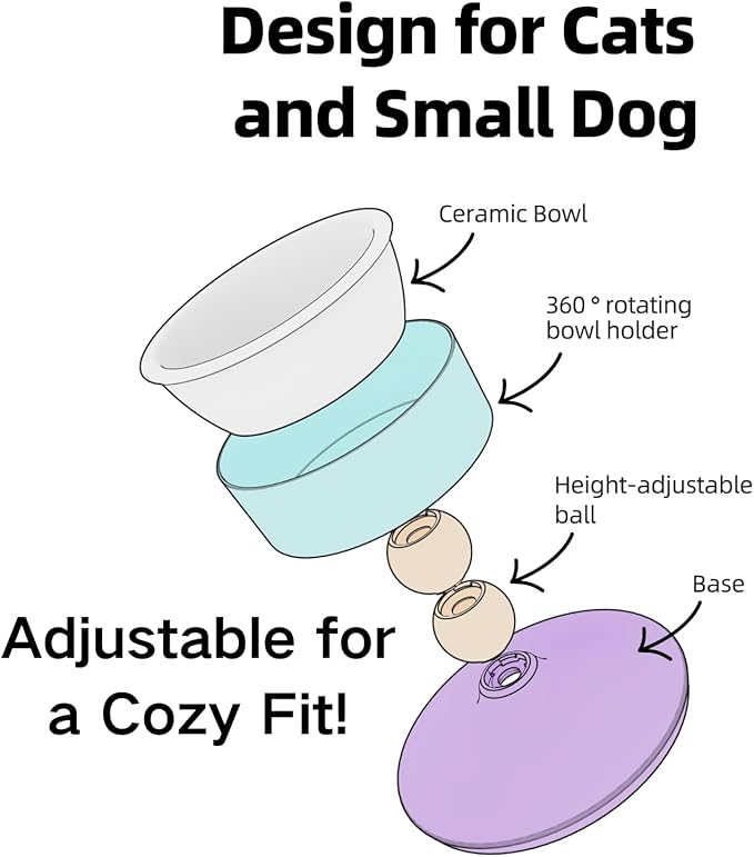 Elevated Raised Cat Pet Bowls - 15°Tilted 3 Heights Adjustable Indoor Cats Food Dish Stand, Cute Pet Water Feeder Ceramic Bowl, Neck Whisker Friendly & Anti-Vomiting Non Slip Kitten Puppy Supplies