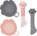 SJANE 4 Pcs Cat Food Spoon & Can Covers | Cute Paw Silicone Pet Food Opener Spatula & Lids | Stainless Steel Wet Food Spoon for Cats and Dogs (Pink+Grey)