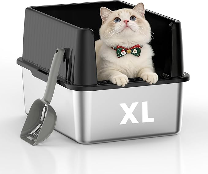 Small Stainless Steel Cat Litter Box - 11.8" High Sided, Open-Top Design, Low Entry for Kittens & Small Cats, Anti-Leak & Easy to Clean, Compact Space-Saving Size(17.3" L x 13.4" W × 11.8" H)