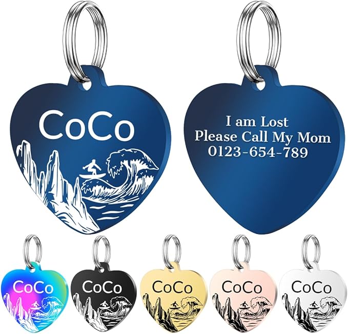 Personalized Dog Tags, Stainless Steel Pet Tags Personalized Cat, Collar Charm Engraved on Both Sides, up to 4 Lines of Custom Text, Multiple Patterns Colors Size Options (Beach, XSmall)