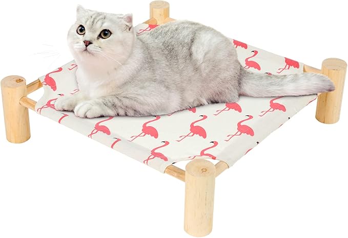 Patas Lague Cat and Dog Hammock Bed for Small Dogs, Brethable Wooden Cat Pet Rabbit Elevated Cooling Outdoor Bed Cots Furniture for All Seasons Flamingo