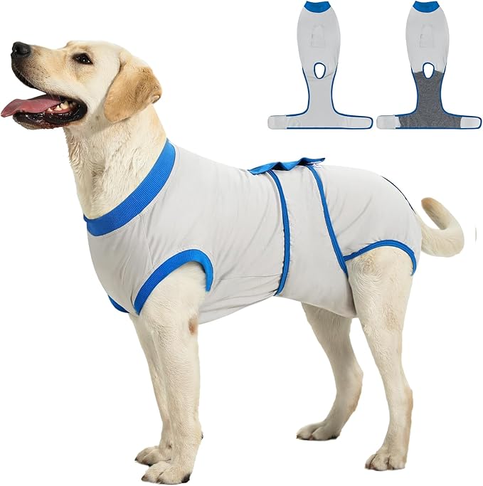 Recovery Suit for Dogs Cats After Surgery, E-Collar & Cone Alternative Surgical Suit, Prevent Licking Dog Onesies Pet Surgery Recovery Suit Soft Dog Bodysuit, Grey Blue, M