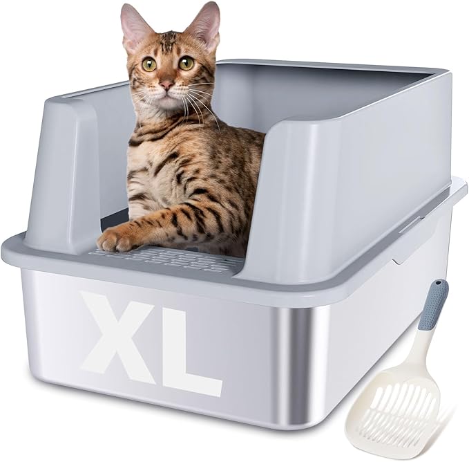 XL Stainless Steel Litter Box, Extra Large High Sided Metal Cat Litter Box with Lid and Scooper, Easy Clean, Non Stick & No Smell-24"x16"x12"