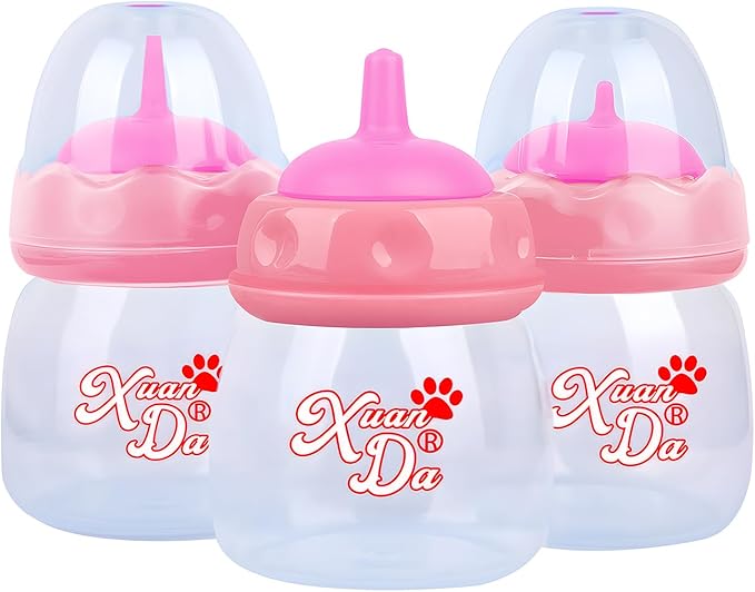 Pet Feeding Bottle,3 Pack 60ml Nursing Bottle, 3 Sizes Nipples with Ventilation Valve Resistant Tearing Perfect for Puppies, Kittens, Small Wildlife (Pink)