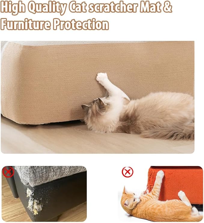 NATUYA Cat Scratcher Mat, 39.4"x15.8" Trimmable Cat Carpet Replacement for Cat Tree Shelves, Self-Adhesive Cat Couch Protector, Easy Use for Wall Furniture and Scratcher Posts, Khaki