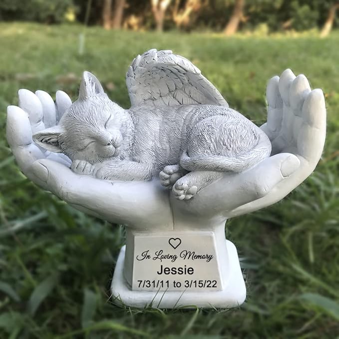 Personalized Memorial Cat Angel Tribute Statue with in God's Hands, Pet Cat Grave Marker Headstone Memorial Garden Stones-Customizable Name and Date…