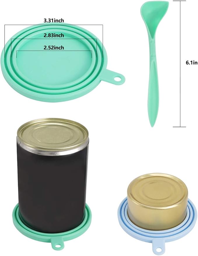 SLSON 2 Pack Pet Food Cover Universal Silicone Cat Dog Can Lids Fit Standard Size with Spoons, Light Blue and Green