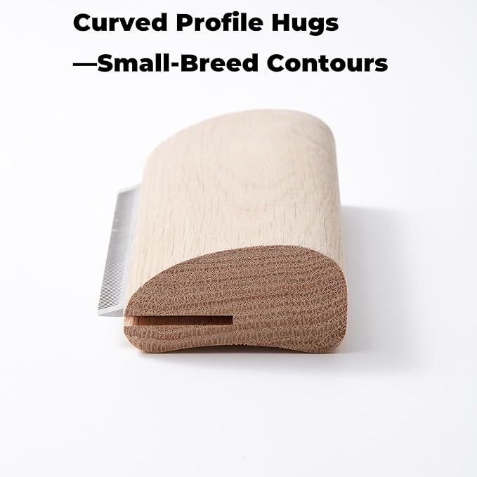 French Bulldog Brush for Shedding – Palm-Grip Wooden Deshedding Comb for Short Hair Dogs, Fine Stainless-Steel Teeth, Curved Body for Face/Neck/Chest, Easy-Rinse Grooming, Bath & Dry Use