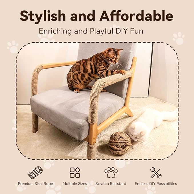 Natural Sisal Rope for Cat Scratcher Replacement, Durable Cat Tree Post Repair Cord for DIY Projects, Climbing Towers, Furniture Protection, Scratch Pad, Crafts, Garden, and Home Décor Use