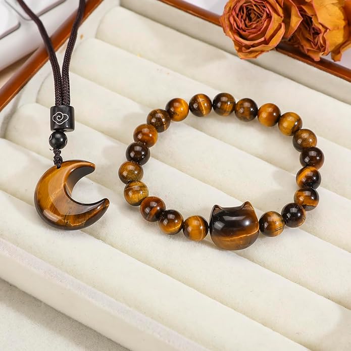 Black Obsidian Cat Bracelet and Moon Pendant Necklace Jewelry Set-Cat Lover Gifts,Wealth Attraction,Good Luck,Bead Bracelet,Mindfulness,Beaded Bracelets, Obsidian Pendant Necklace-Cute Gifts for Women