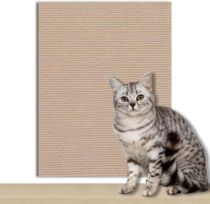 Cat -12"x24"Self-Adhesive Cat Scratching Carpet, Heavy-Duty Nail-Free Wall-Mounted Cat Activity Mat for Indoor Cats, Durable Pet Furniture for Kittens & Adult Cats （Khaki）