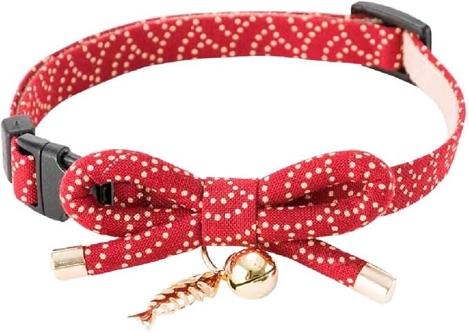 Necoichi Zen Fish Charm Cat Collar (Red) with Bell Safety Breakaway Soft Lightweight for Cats Kitty Kitten Japanese Stylish Pattern, No.1 Seller in Japan