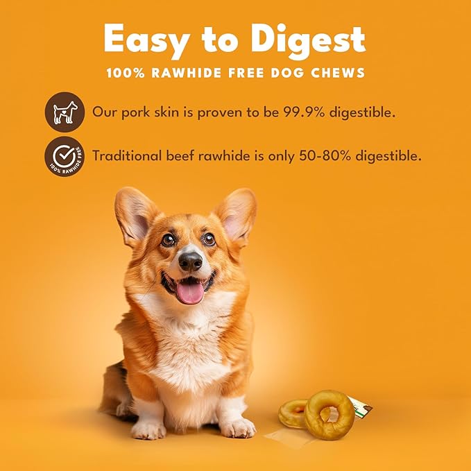 Pork Chomps Roasted Pork Skin Dog Chews, 3 Inch Donuts, Real Chicken, 2 Count, Pack of 1 - Long-Lasting Treats for Dogs - High Protein, Rawhide-Free, Low Fat, Healthy & Delicious Chews